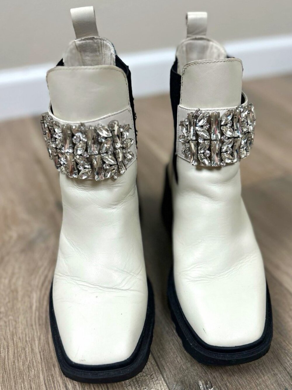 Karl Lagerfeld Paris Women’s Ivory Crystal Embellished Chelsea Ankle Boots